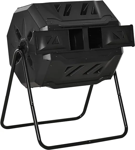 Outsunny Tumbling Compost Bin Outdoor 360° Dual Chamber Rotating Composter 43 Gallon, Black