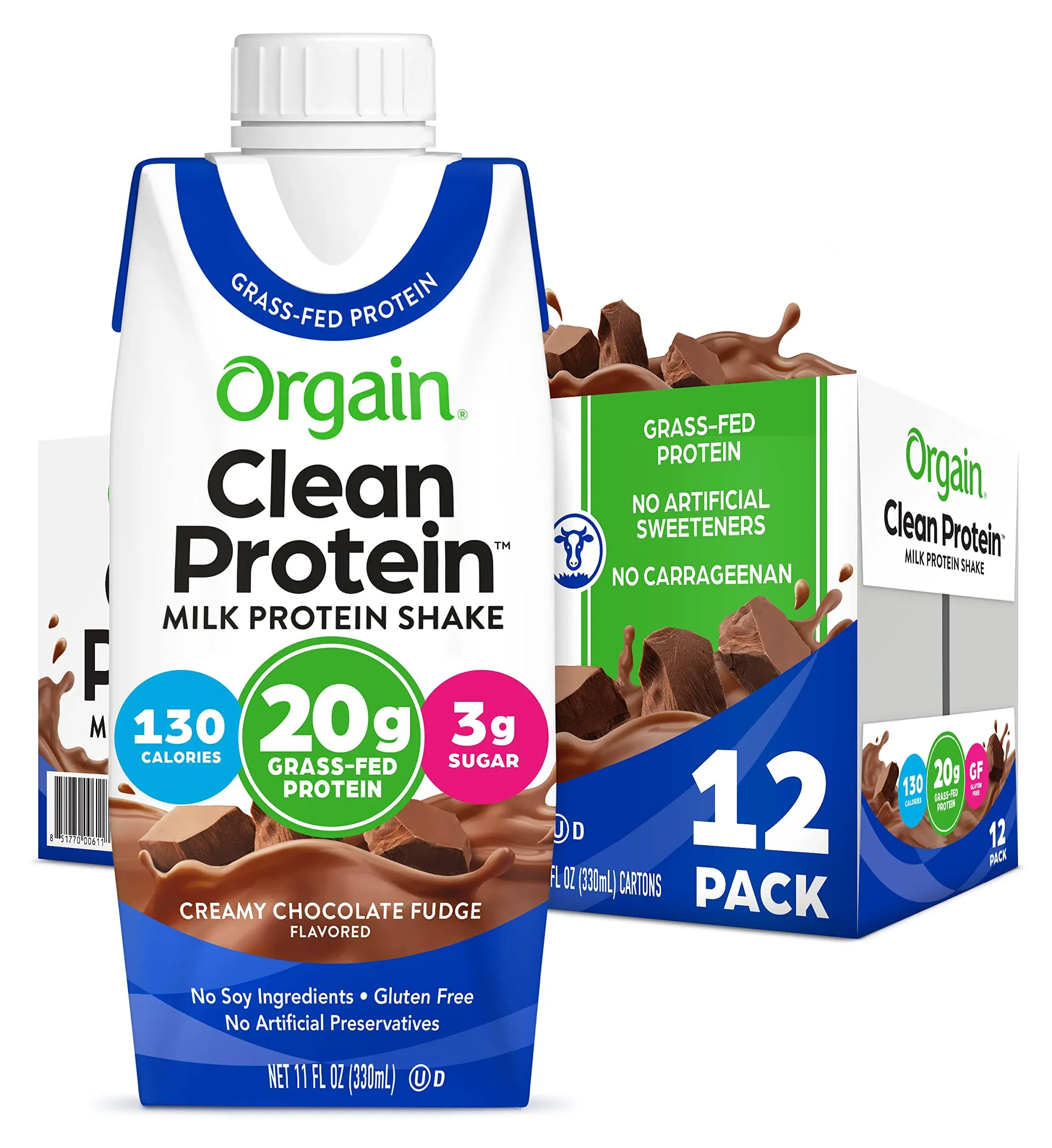 Orgain Clean Grass-Fed Protein Shake - Creamy Chocolate Fudge - 12ct