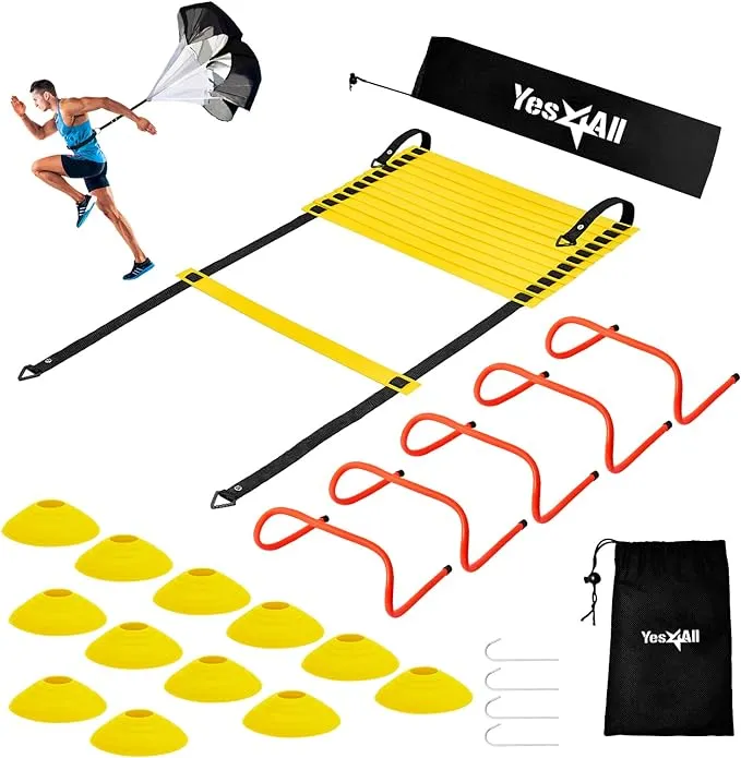 Yes4All Agility Ladder Speed Training Equipment Set - 1 Adjustable Agility Ladder, 12 Soccer Cones, 5 Hurdles, Jump Rope, Running Parachute - Speed & Agility Training Equipment for All Ages