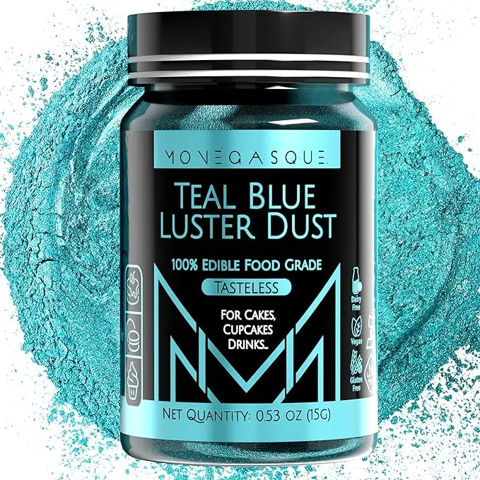 MONÉGASQUE Teal Blue Luster Dust Edible Glitter for Cocktails 15g – Premium Teal Edible Glitter – Teal Cake Decorations Christmas Edible Glitter – Edible Glitter for Drinks – Edible Glitter for Cakes