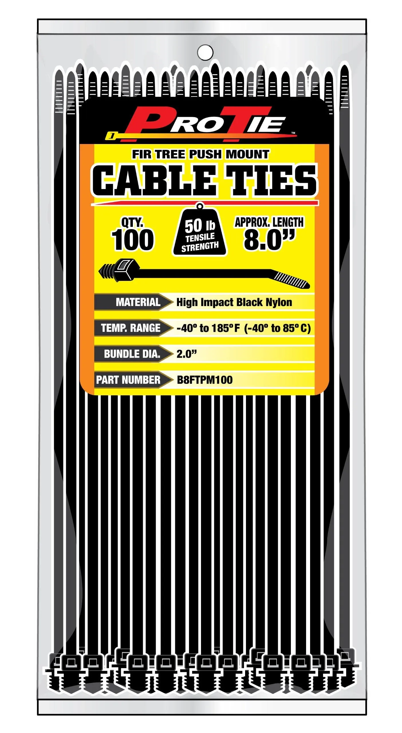 8 inch Cable Tie Fir Tree Push Mount, 100 Pack, Black