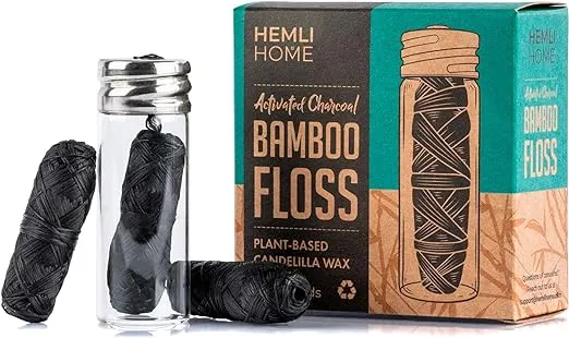 Bamboo Charcoal Floss - Reusable Container with Floss Refills - 99 Yards - Plant-Based Candelilla Wax Floss with Natural Mint Flavoring - Vegan Floss - 3X Floss Refills