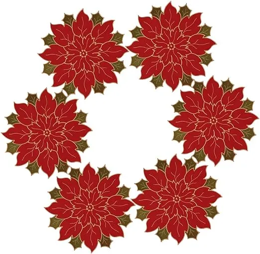 Simhomsen Festive Poinsettia Doilies for Christmas Holiday Table Centerpieces Decorations, Small Size, Round 12 inch Set of 6