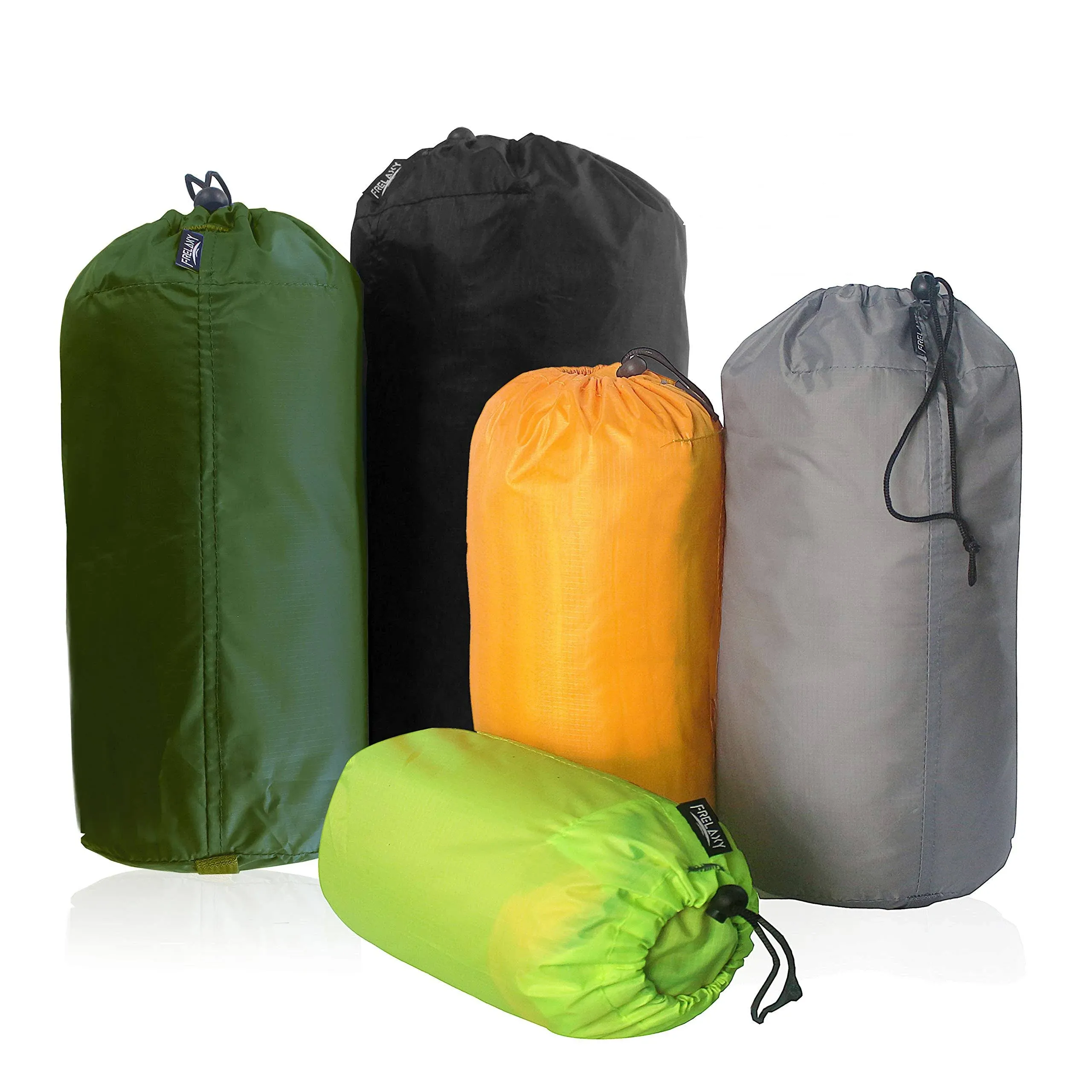 Frelaxy Stuff Sack Set 5-Pack (3L&5L&9L&15L&20L), Ultralight Ditty Bags with Dust Flap for Traveling Hiking Backpacking, Neon Green&Orange&Gray&Army