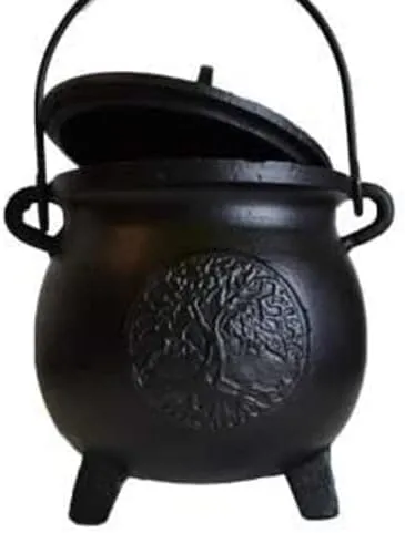 Home Fragrance Potpourris Cauldrons Tree of Life Cast Iron Three Legged with Handle and Lid Large 8"