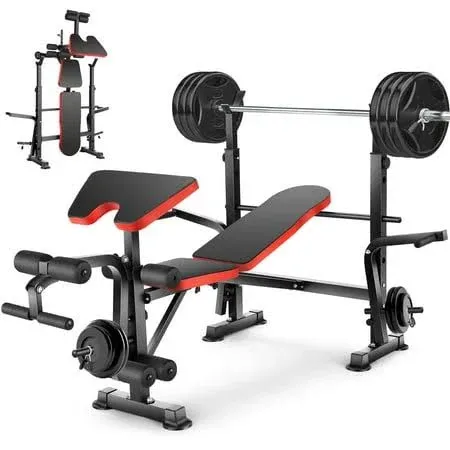 600lbs Adjustable Folding Olympic Weight Bench Set w/Barbell Rack Leg Developer~