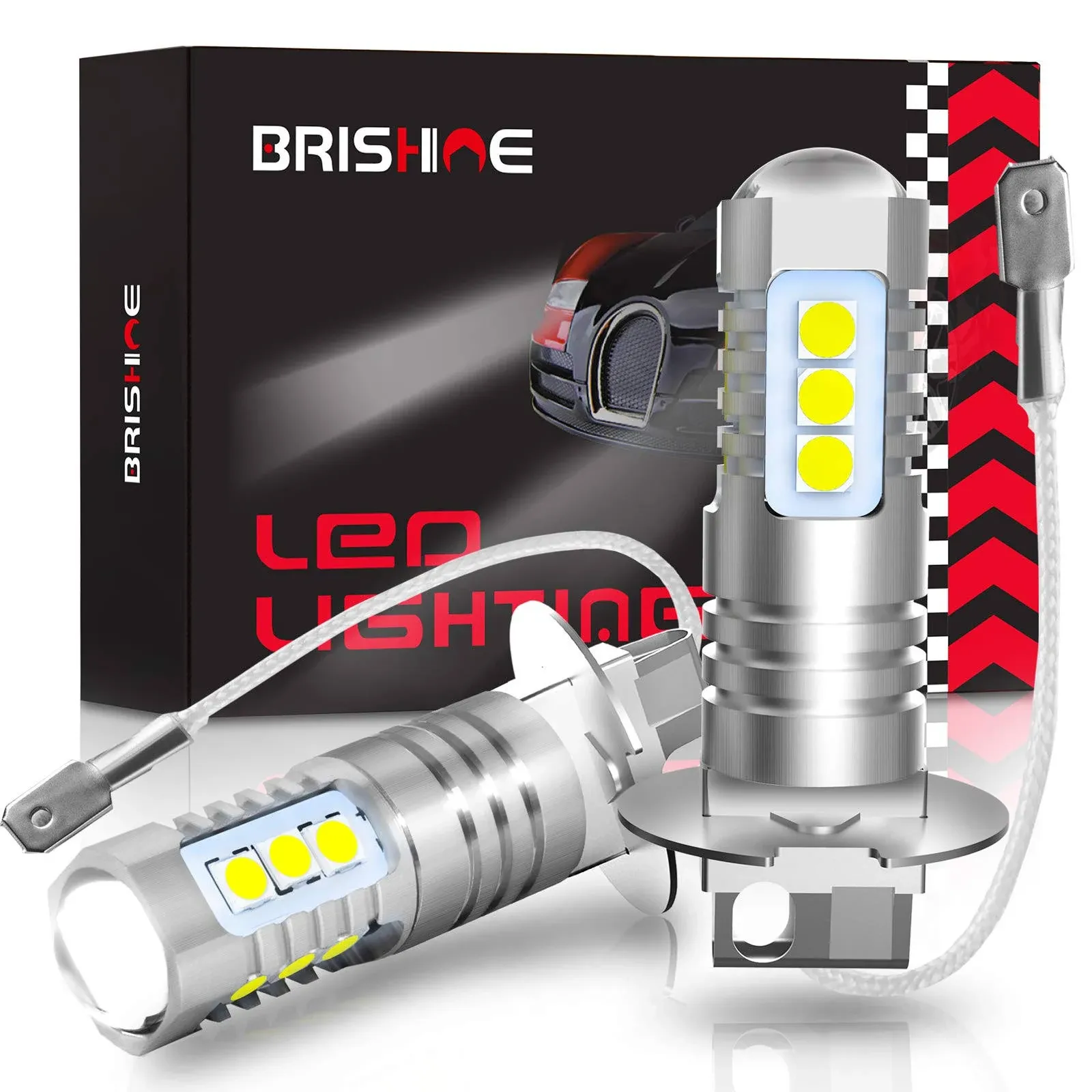 BRISHINE H3 LED Fog Light Bulbs 6000K Xenon White Extremely Bright 3030 Chips H3 ...