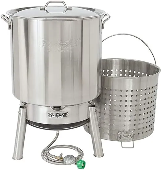 Bayou Classic KDS-182 Stainless Steel Boiler Cooker Kit Features 82-qt Stainless Boiler with Lid, Boil Basket with Helper Handle, Single Jet 106,000 BTU Burner, 10-psi Pre-Set Regulator and 60-in Hose
