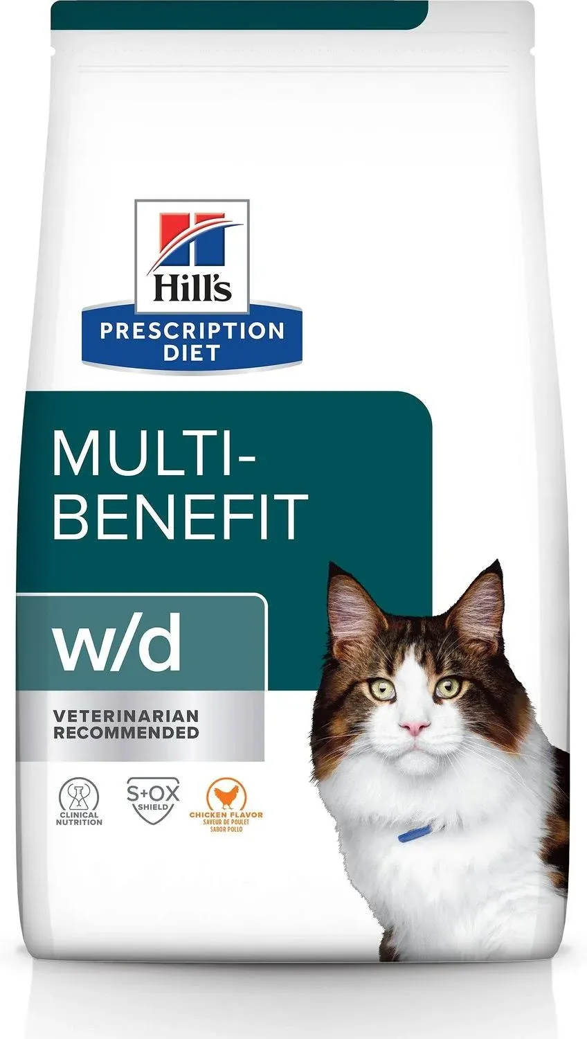 Hill's Prescription Diet w/d Multi-Benefit Digestive/Weight/Glucose/Urinary Management Chicken Flavor Dry Cat Food, Veterinary Diet, 8.5 lb. Bag