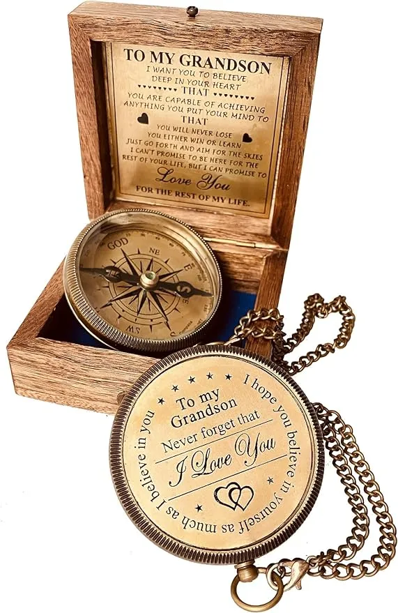 Gift for Grandson Brass Compass Engraved Quote | Memory Present to My Grandson Birthday, Baptism, Graduation, Confirmation, Love, Gift idea by Grandpa Grandma