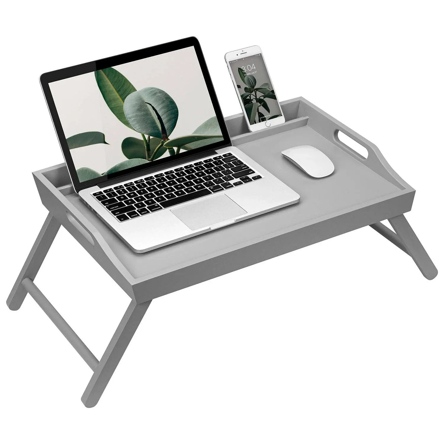 Rossie Home Wood Media Bed Tray with Phone Holder, Calming Gray