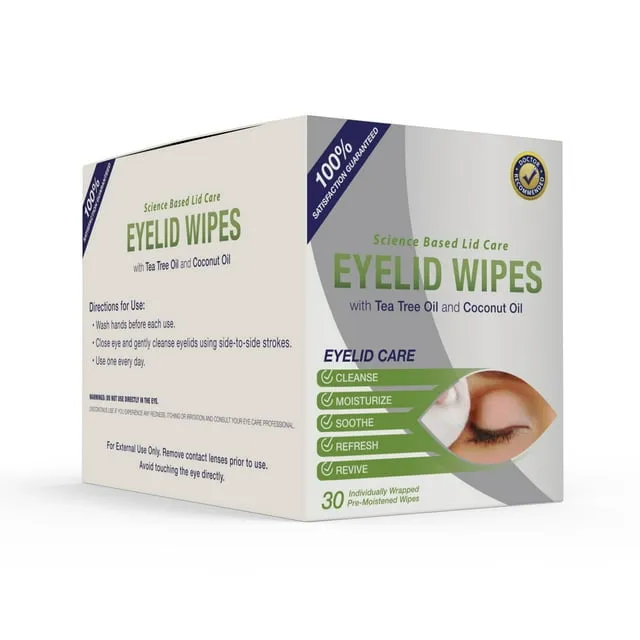 Premium Eyelid Wipes With Tea Tree and Coconut Oil - Cleansing Wipes for People Itchy Eyes - Box Of 30 Natural Eye Wipes