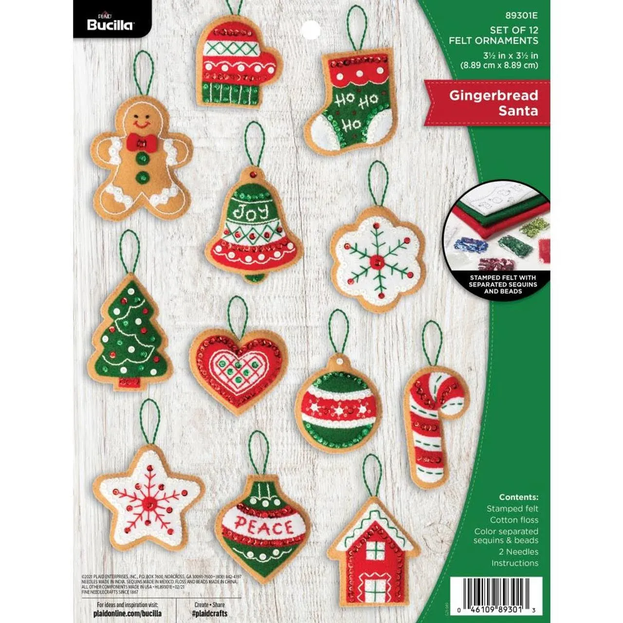 Bucilla Felt Ornaments Applique Kit Set of 12 Gingerbread Santa