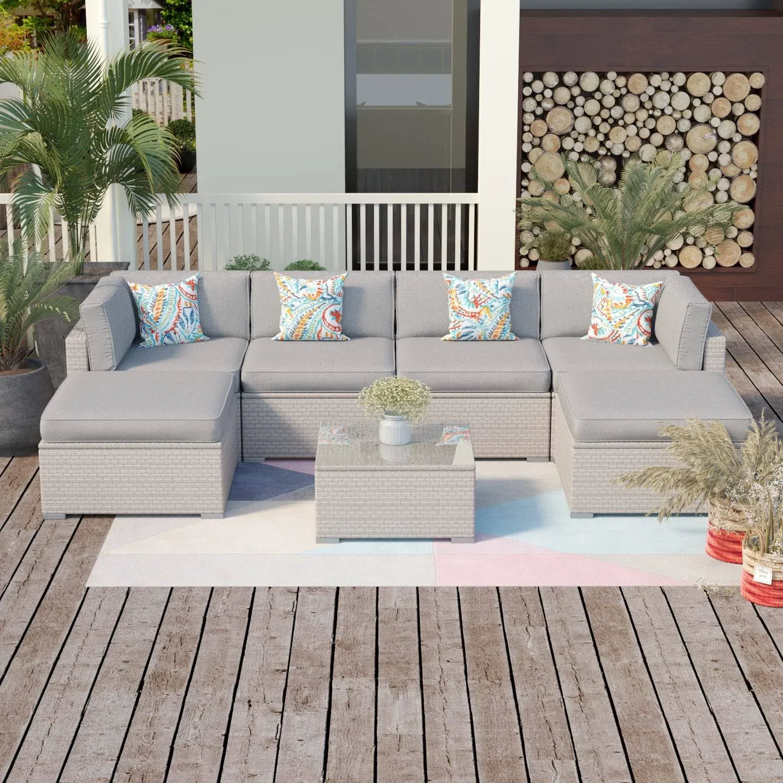 SUNBURY 7 Pieces Outdoor Sectional Furniture, All Weather Patio Furniture Sets, Low Back Patio Conve