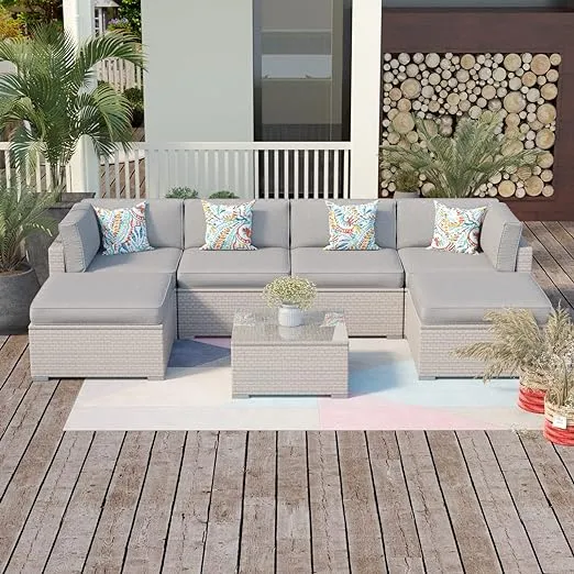 SUNBURY 7 Pieces Outdoor Sectional Furniture, All Weather Patio Furniture Sets, Low Back Patio Conve