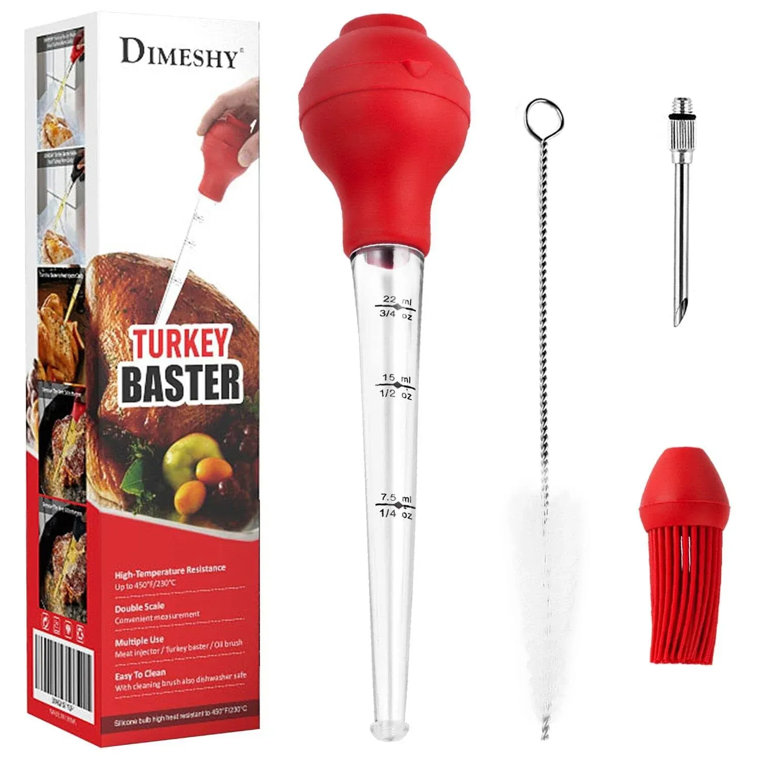 Turkey Baster Food Grade for Cooking & Basting, Detachable Round Bulb, Baster Cooking Good for Meat Poultry Beef Chicken, with Cleaning brush, inject needle, Basting brush(red)