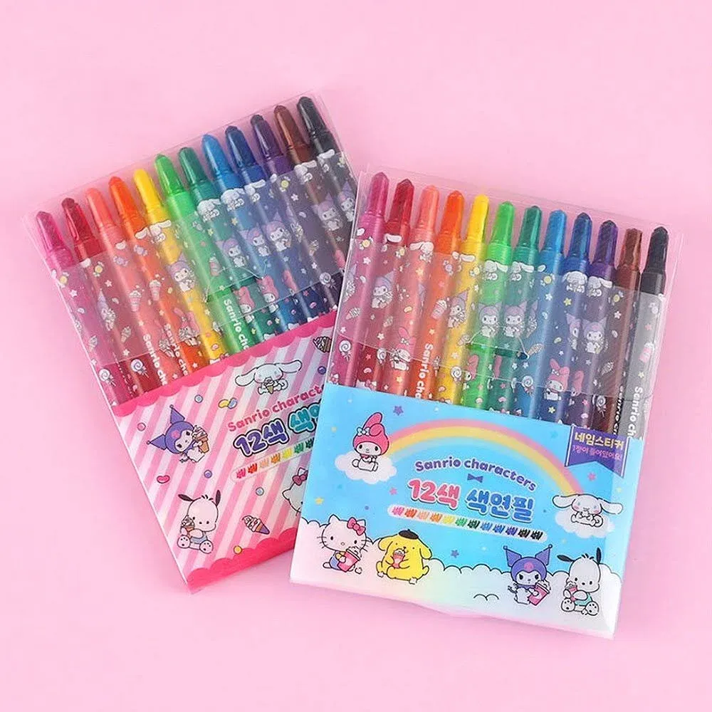 12 Count Cute Characters Colored Pencils Twistable Crayons with Name Labels (1 Pack of Blue or Pink Package will be randomly sent)