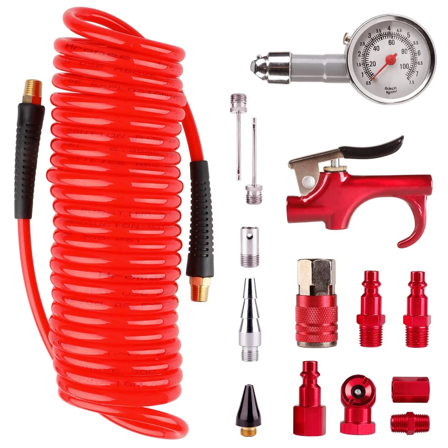 16 Pieces Air Compressor Accessory Kit w/1/4 Inch Recoil Poly Air Hose, Blow Gun