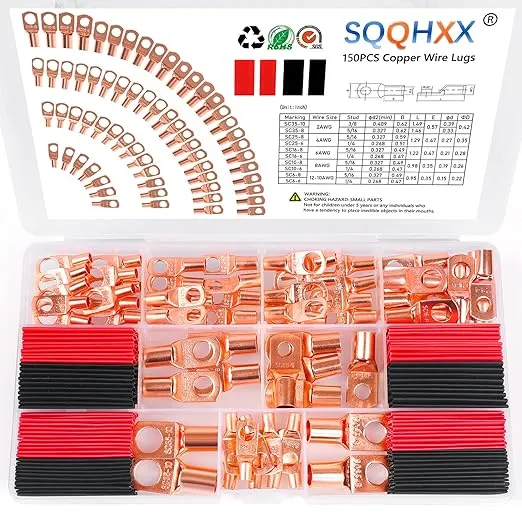 SQQHXX 150pcs Terminal Connectors,Copper Wire Lugs,Used On AWG12-10 8 6 4 2 Cable,Heat Shrink Set,Bare Copper Eyelets,Ring Terminals Connectors,64Pcs