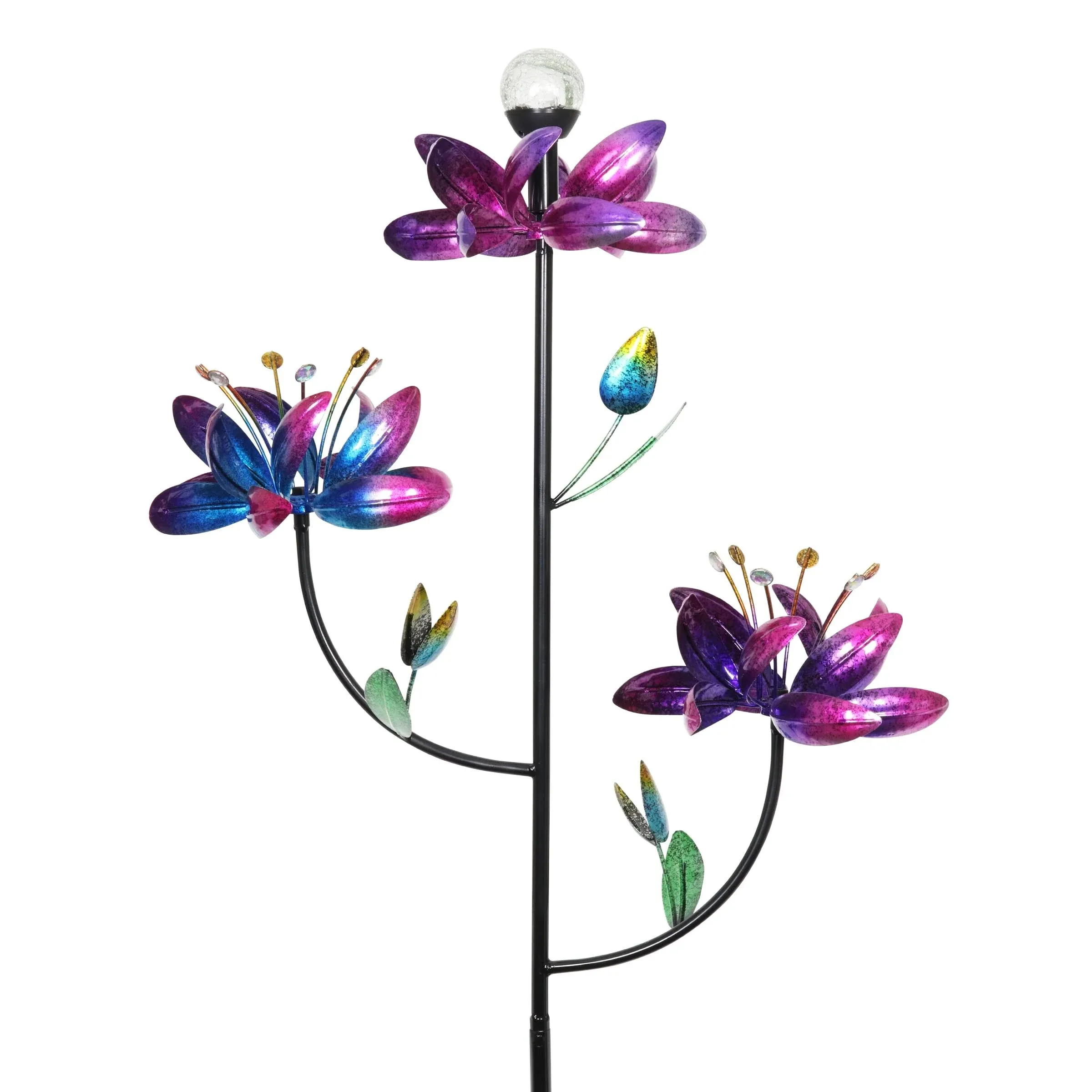 Exhart Triple Kinetic Flower Wind Spinner Garden Stake with Solar Color-Changing ...