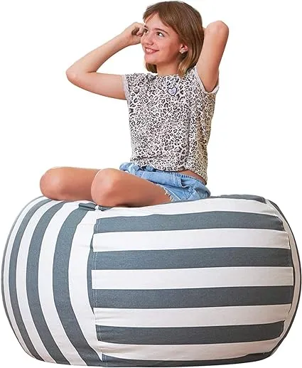 Aubliss Stuffed Animal Bean Bag Storage Chair, Beanbag Covers Only for Organizing Plush Toys, Turns into Bean Bag Seat for Kids When Filled, Medium 32"-Canvas Stripes Grey/White