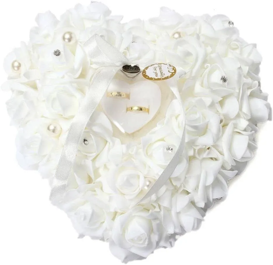 Wedding Ring Pillow, White Ring Polypropylene Pillow Lace Crystal Rose Wedding Heart Ring Box Ring Holder