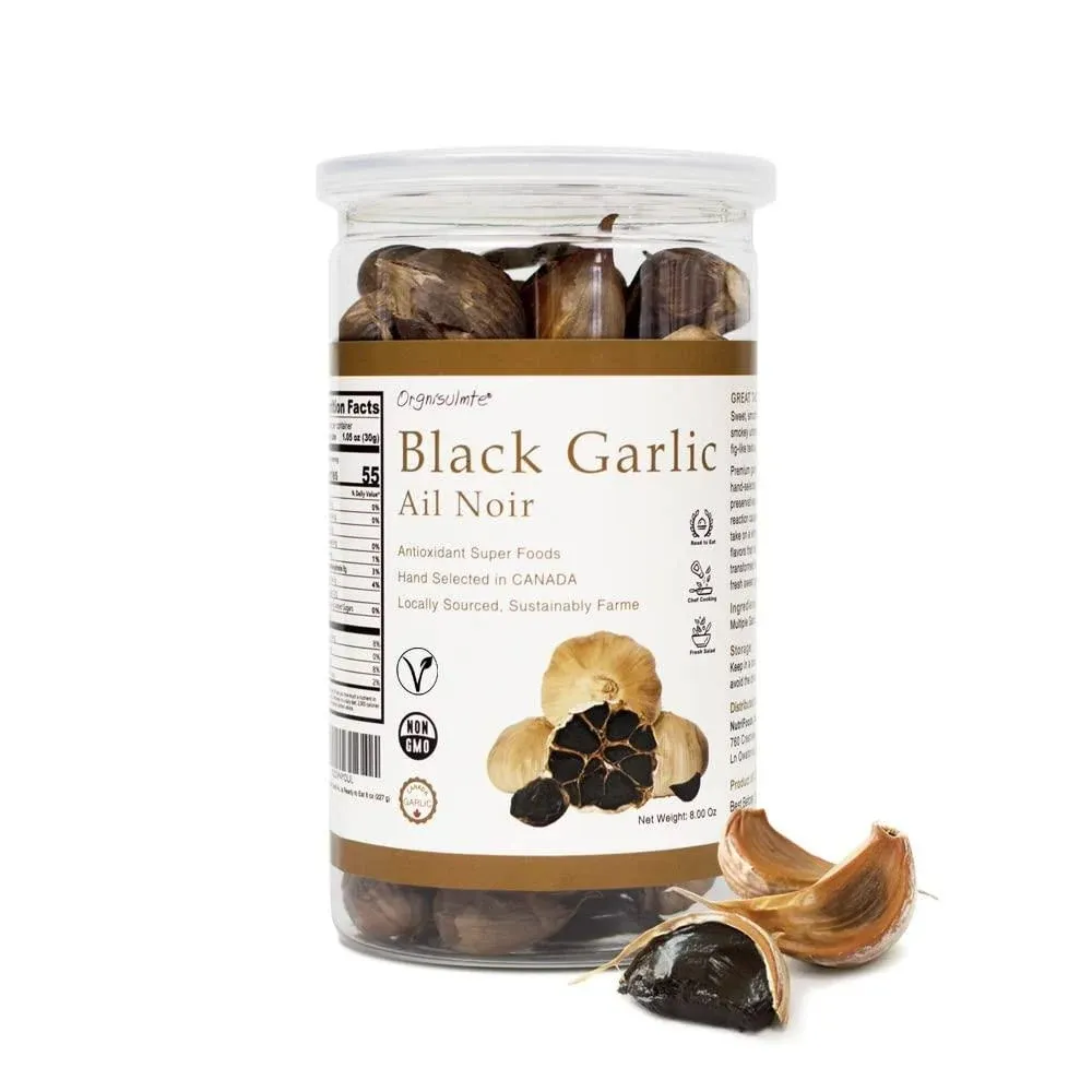 Orgnisulmte Canada Black Garlic Fermented for 90 Days 100% Natural Multi Clove Garlic Hand Selected in CANADA,Ready to Eat 8 oz