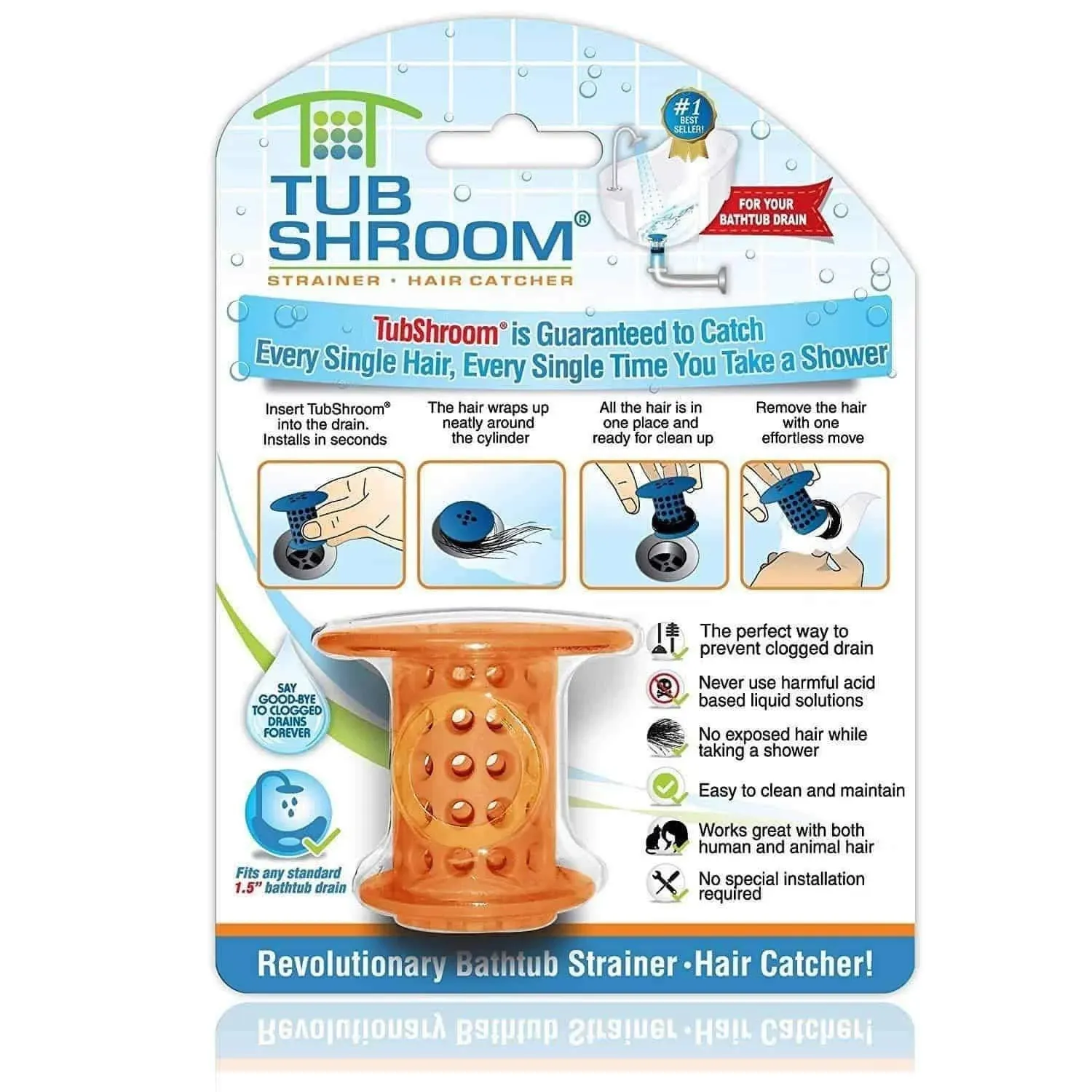 TubShroom Tub Hair Catcher Protector, Fits 1.5" - 1.75" Drain, Gray