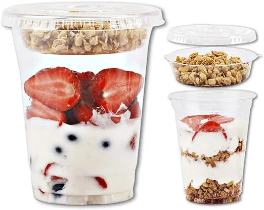 9 oz Clear Plastic Parfait Cups with Insert 3.25oz & Flat Lids No Hole - (50 Sets) Yogurt Fruit Parfait Cups for Kids, for Dips and Veggies, Take Away Breakfast and Snacks. No Leaking