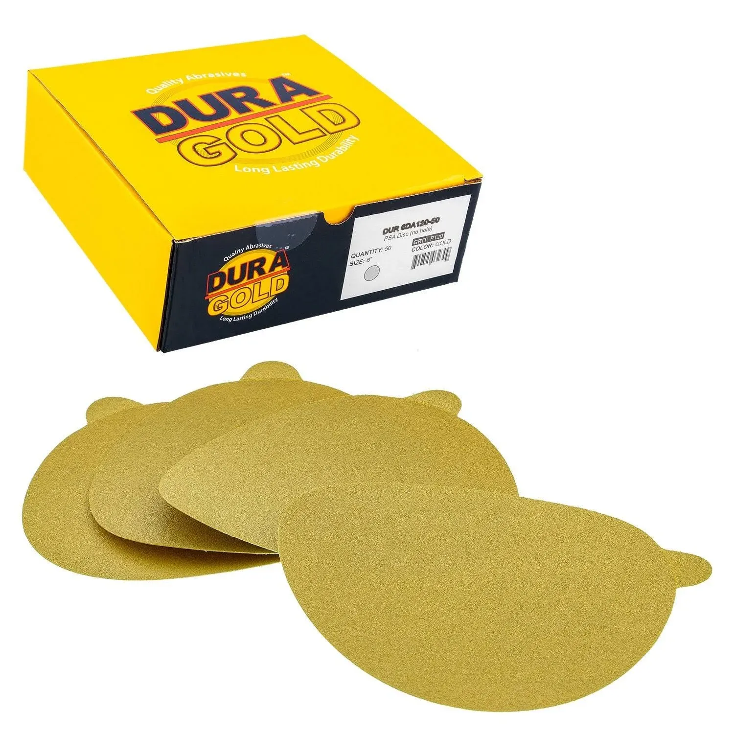 Dura-Gold Premium 6" Gold PSA Sanding Discs - 120 Grit (Box of 50) - Self Adhesive Stickyback Sandpaper for DA Sander, Finishing Coarse-Cut Abrasive - Sand Automotive Car Paint Woodworking Wood Metal