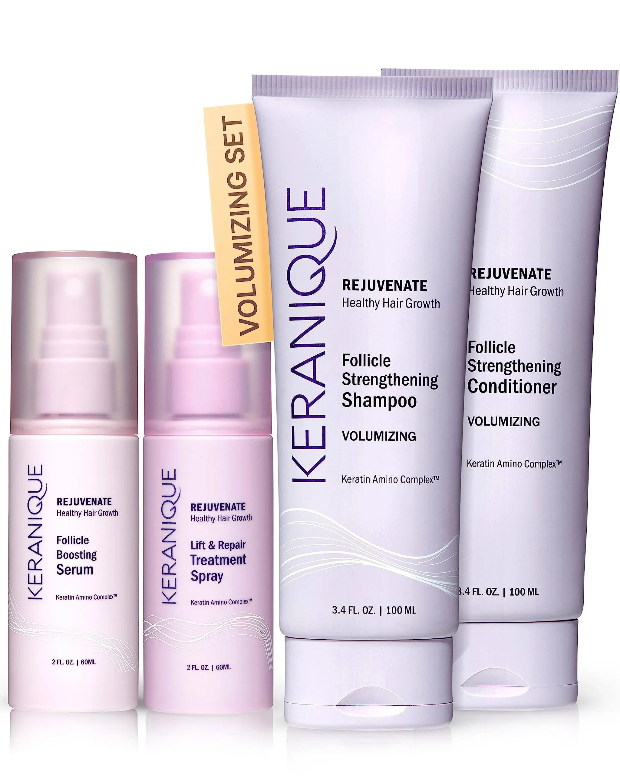 Keranique Volumizing Hair Products Set for Thinning Hair - Thickening Shampoo and Conditioner, Follicle Booster Hair Serum, Volumizing Spray - Fine Hair Texture Boost and Repair with Keratin for Women