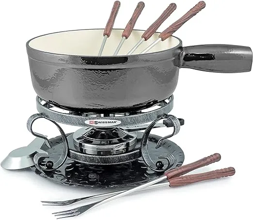 Swissmar Lugano 9 Piece Cast Iron Fondue Set - Metallic Black