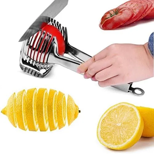 i Kito Tomato Lemon Slicer Holder Round Fruits Onion Shreader Cutter Guide Tongs with Handle Kitchen Cutting Potato Lime Food Stand Stainless Steel