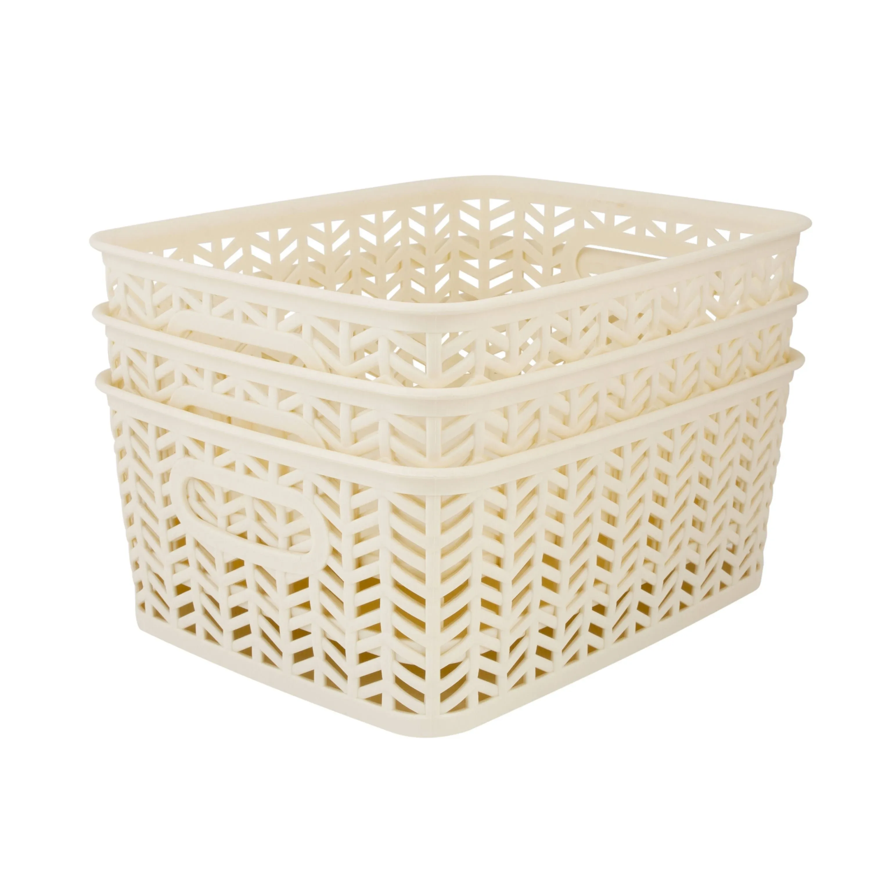 3 Pack Small Herringbone Plastic Storage Basket, Ivory