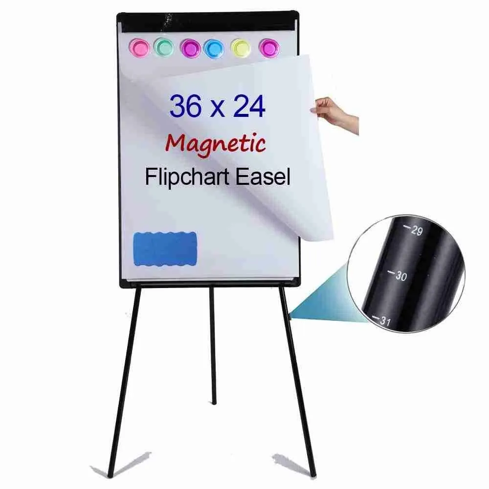 DexBoard Dry Erase Easel 24" x 36"|Height Adjustable Magnetic White Board Easel with Tripod Stand|Office Presentation Board w/Flipchart Pad, Magnets & Eraser, Black