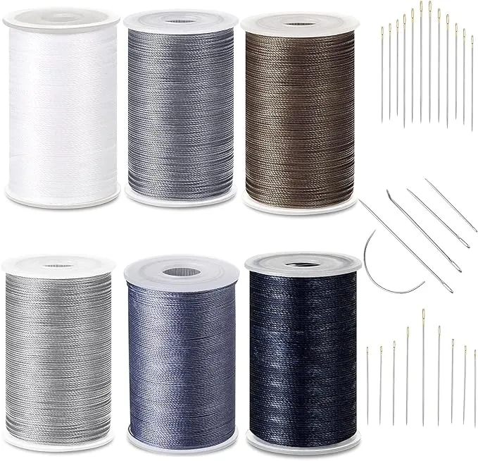 6 Rolls Strong Upholstery Thread High Strength Sewing Waxed Thread with Hand Stitching Needle Set for Denim Leather Craft DIY Machine (White, Gray, Brown, Light Gray, Blue Gray, Dark Blue, 0.55 mm)