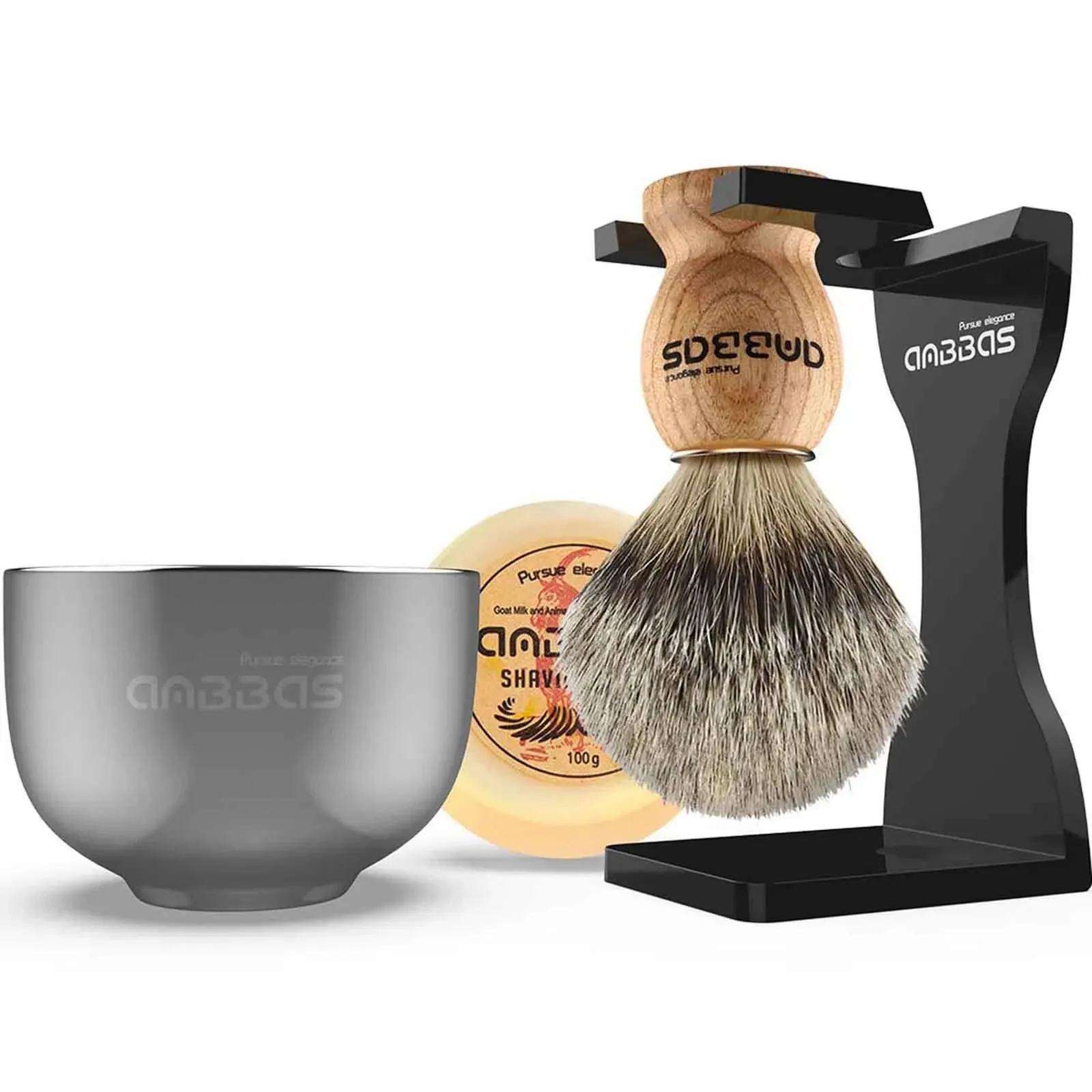 Shaving Set, Anbbas 4in1 Pure Badger Hair Shaving Brush Solid Manchurian Ash Wood ...