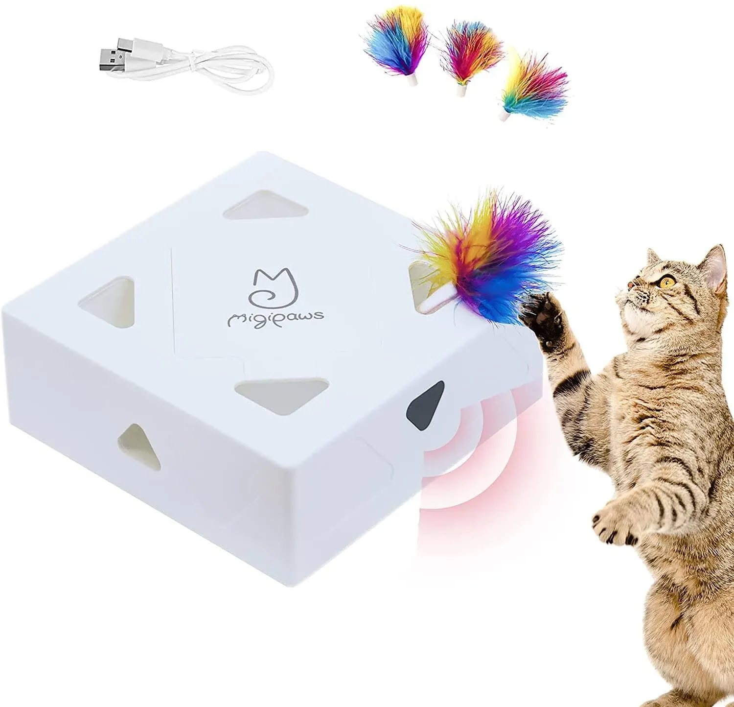 Migipaws Cat Toys, Interactive Automatic 7 Holes Mice Whack-A-Mole, Ultra Fun Smart Teaser Toy for Indoor Cats, USB Rechargeable, 4 Pieces Feather Refills