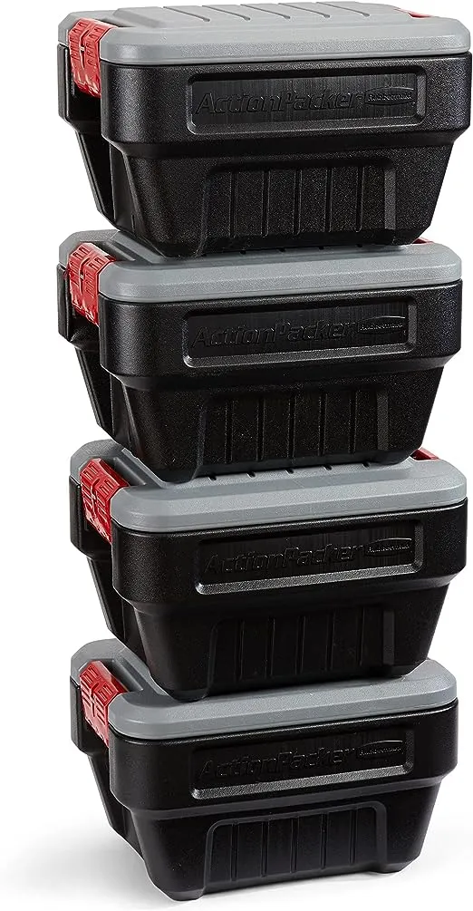 Rubbermaid 8 Gallon Lockable Latch Plastic Storage Container Box, Black (4 Pack)