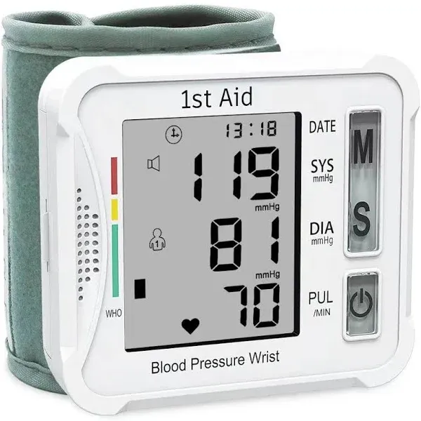 Portable Blood Pressure Monitors for Home Use Adjustable Blood Pressure Wrist Cuff Automatic Bp Machine Large Screen Display Reading Memory bp Pressure Monitor Wrist, White 1st Aid