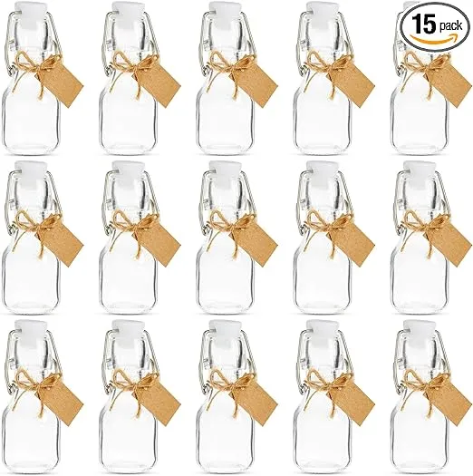 BLUE PANDA 15 Pack Small Swing Top Glass Bottles with Lids, 2 oz/ 60 ml with Tags and Jute Twine for Wedding Party Favors