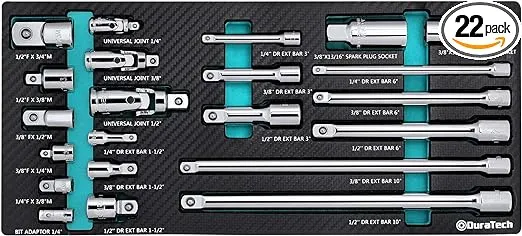 DURATECH 22-Piece Drive Tool Accessory Set, Including 1/4 3/8 1/2 Extension Bars, Socket Adapters, Universal Joints, Spark Plug Sockets, Professional Socket Accessories, Cr-V Steel, EVA Foam Package