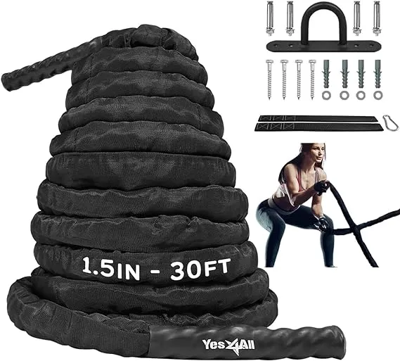 Yes4All Battle Ropes, Workout Rope with Cover, Steel Anchor & Strap Included, Heavy Ropes for Exercise Training - 1.5/2 Inch Diameter, 30, 40, 50 Ft Length