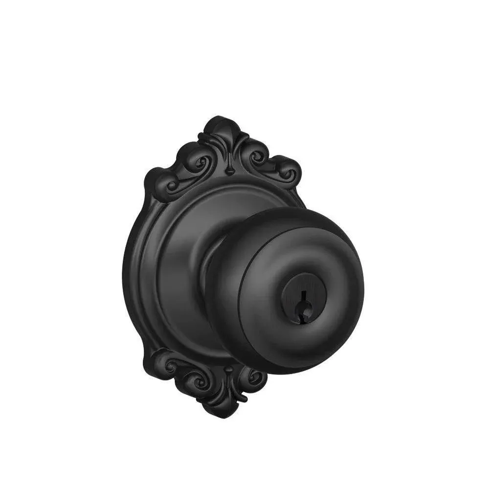 SCHLAGE Knob Lockset: 2, F Georgian/Brookshire, Matte Black, Schlage SC1, Different, ANSI A156.2