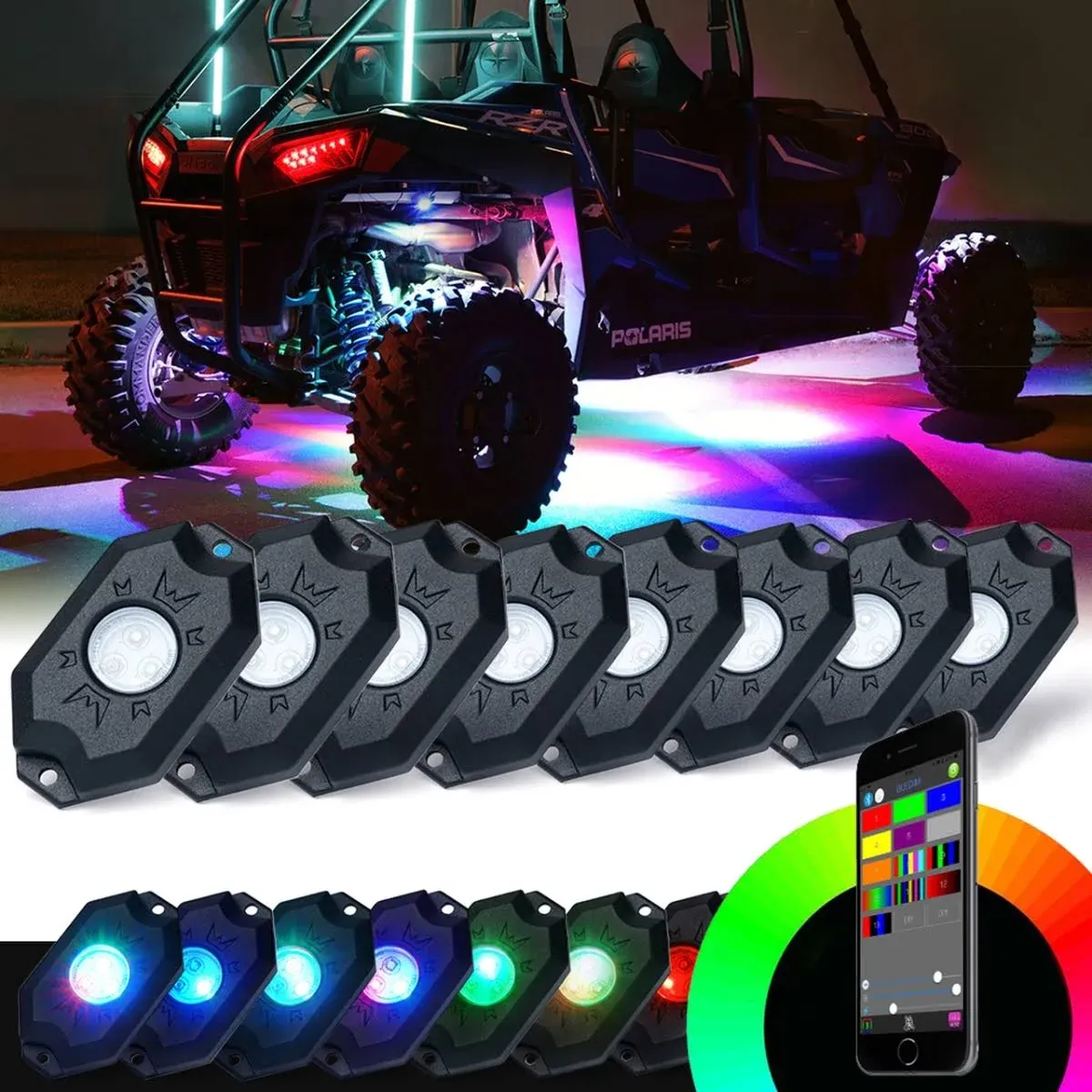 Xprite RGBW LED Rock Lights Kit with Bluetooth & Wireless Remote Controller, Multicolor Cars Underglow, Wheel, Footwell Neon Light Kits, for Off-Road UTV ATV Trucks SUV Motorcycle Boats - 8 Pods