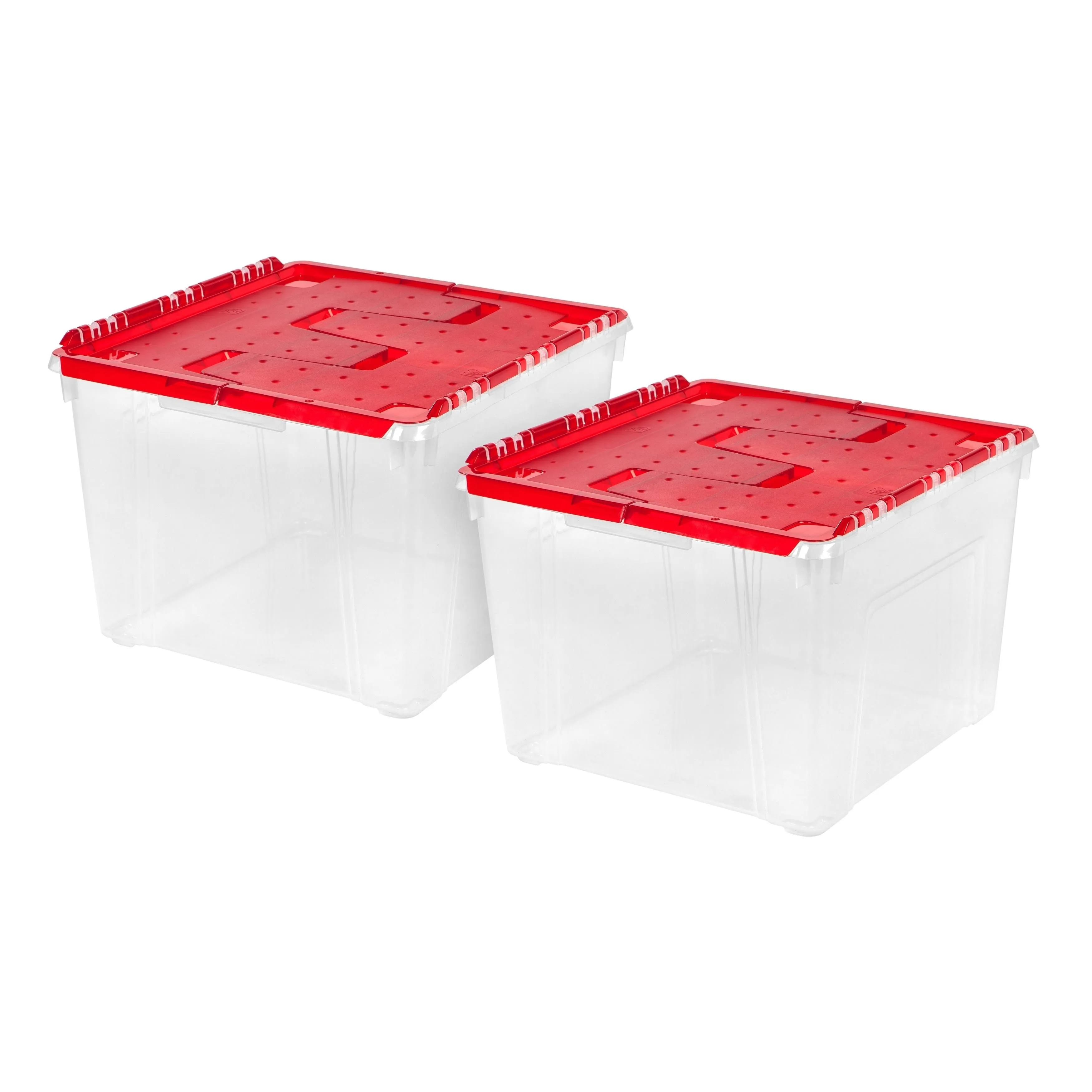 IRIS USA 2Pack 60Qt. Plastic Clear Ornament Storage Box with Hinged Lid and Dividers, Clear/Red