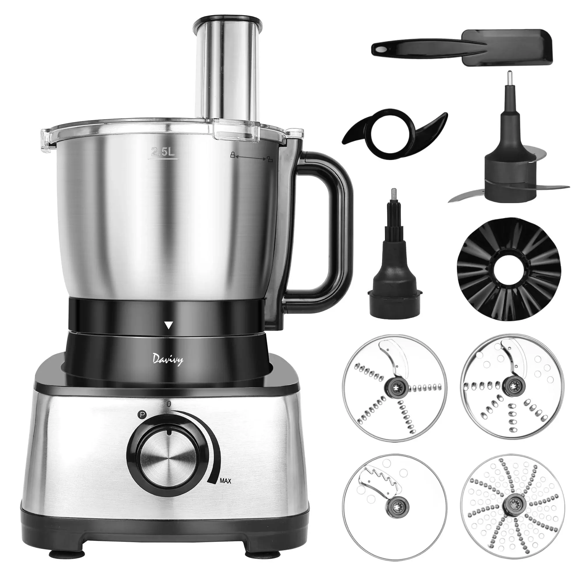 Davivy Food Processor 13 Cup,Stainless Steel Bowl Food Processor,7 Blades with 9 Functions Vegetable Chopper for Home Use,Stepless Variable Control,Black,600W (13-Cup Stainless Steel Bowl)