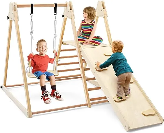 OLAKIDS Climbing Toys for Toddlers, 4 in 1 Foldable Kids Wood Montessori Triangle Set Climber with Ladder Ramp Slide and Swing for Playground, Indoor Climb Activity Jungle Gym Play Structure