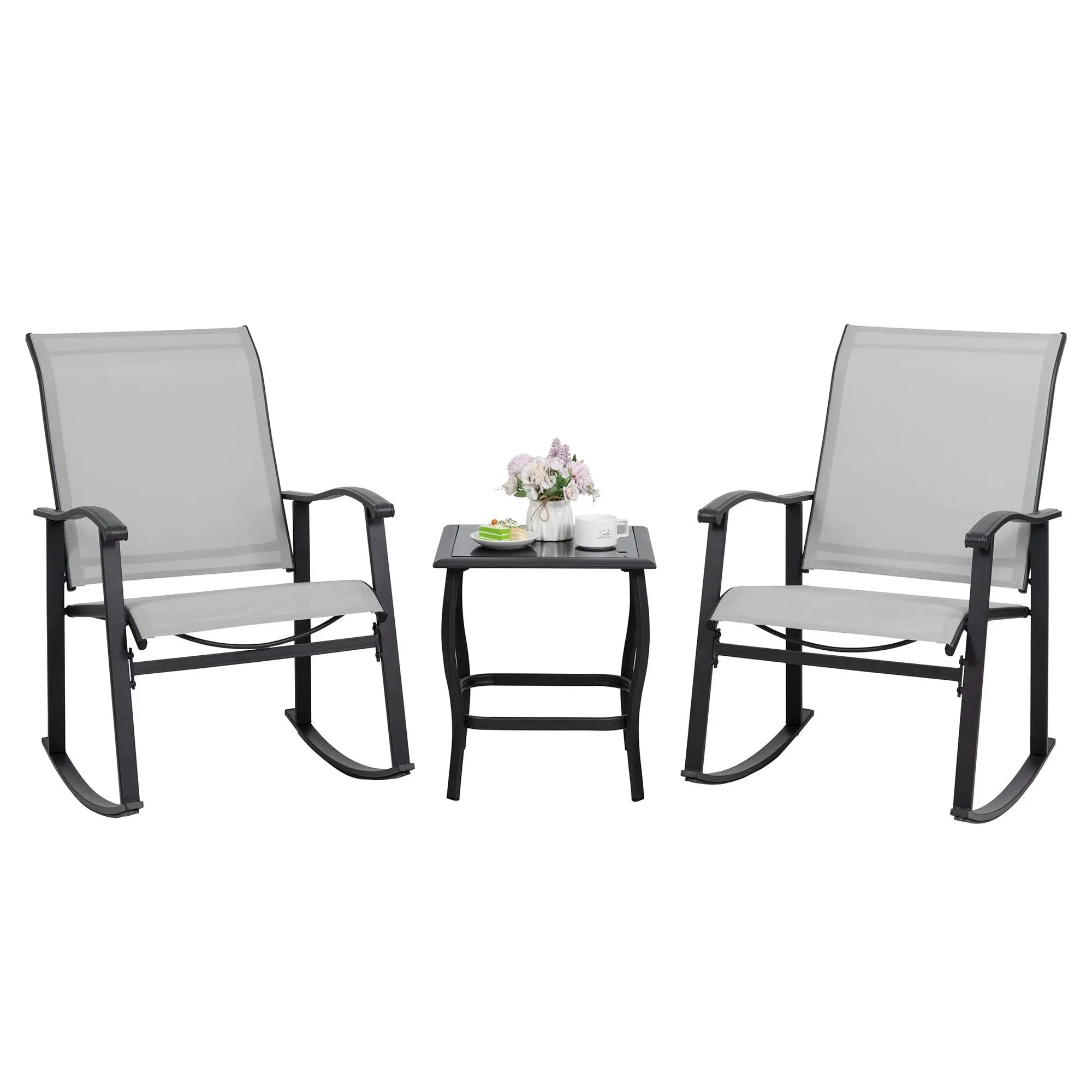 3 Piece Rocking Bistro Set, Outdoor Furniture with Rocker Chairs and Glass Co...