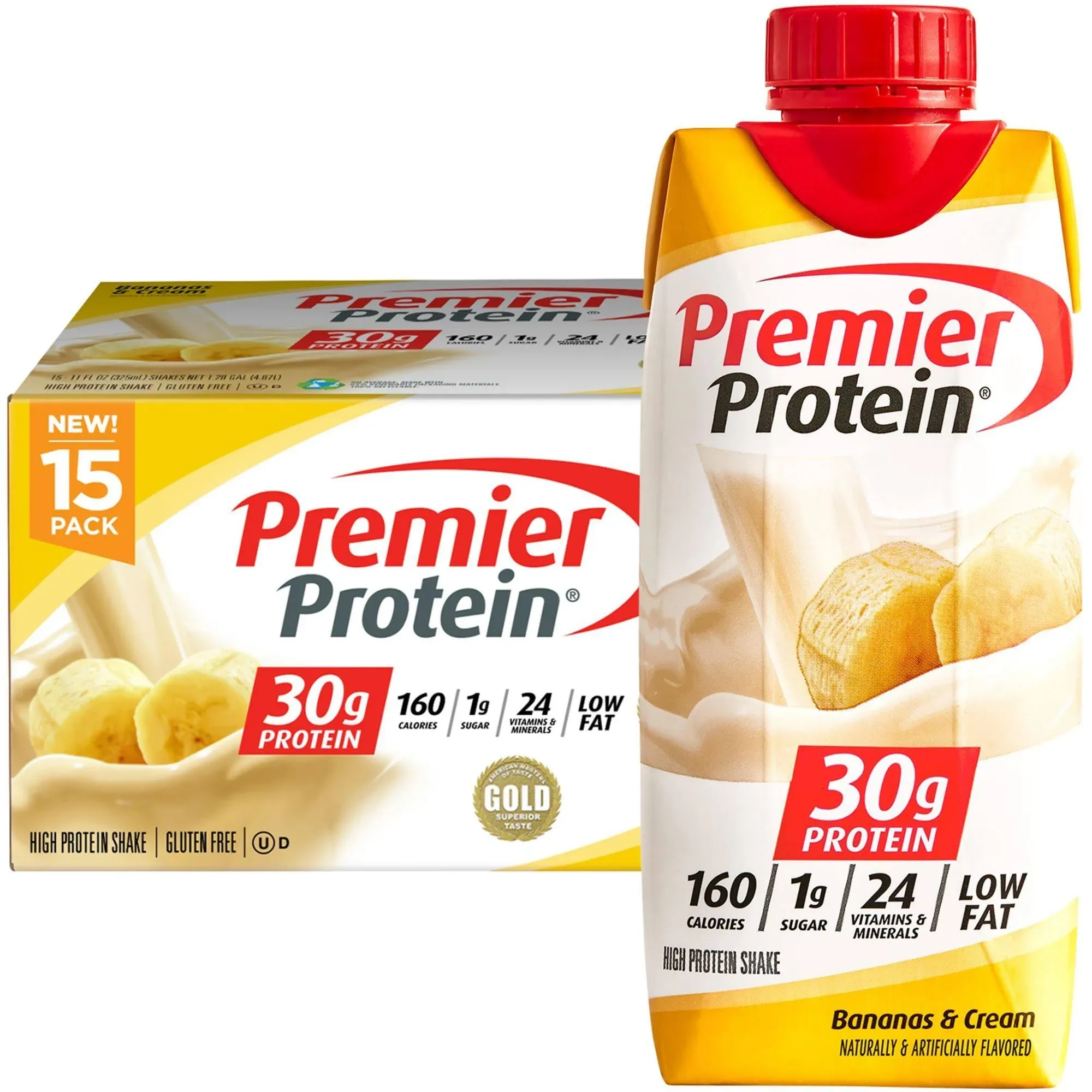 Premier Protein High Protein Shake, Bananas & Cream, 11 Fluid Ounce (15 Pack)